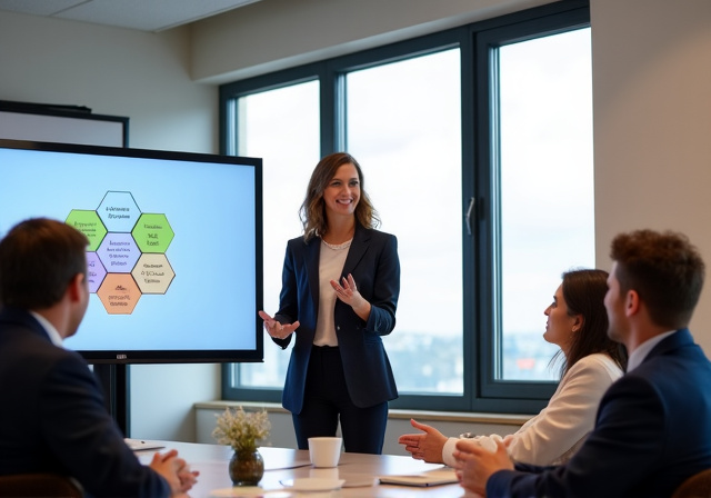 Business professional presenting to team