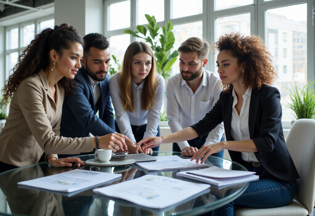 Diverse team of professionals collaborating in modern office