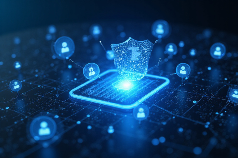Data security illustration showing a shield protecting digital information