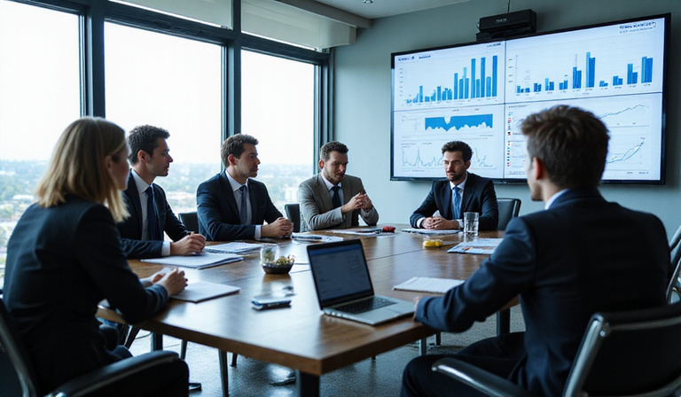 Group of executives discussing strategy in a modern boardroom